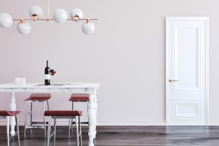 Luxury dining room interior with a wooden floor, and a marble table with red chairs. A door. 3d renderingの写真素材