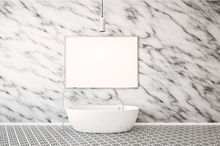 Luxury bathroom interior with a geometric pattern floor, a white bathtub with a shower and a framed horizontal poster on the marble wall. 3d rendering mock upの写真素材