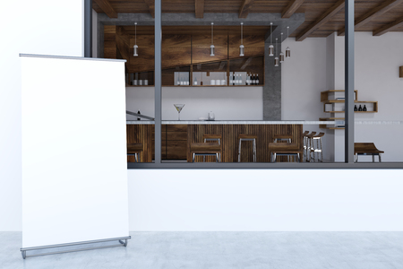 Gray and wooden bar counter with shelves for wine bottles hanging above it. A blank poster in the foreground. Concept of a good pastime. 3d rendering mock upの写真素材