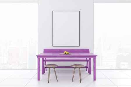White minimalism dining room interior with loft windows, a purple table, chairs and a bench. A frame mock up vertical poster. 3d renderingの写真素材