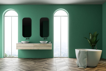 Minimalistic green bathroom interior with a white bathtub, a towel hanging on it, a double sink, a potted tree and a lamp in the corner. A side view 3d rendering mock upの写真素材