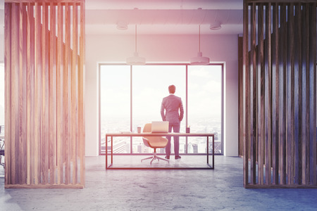 Rear view of a businessman looking in a panoramic window of manager office in a modern business center. Concept of leadership in business. 3d rendering toned imageの写真素材