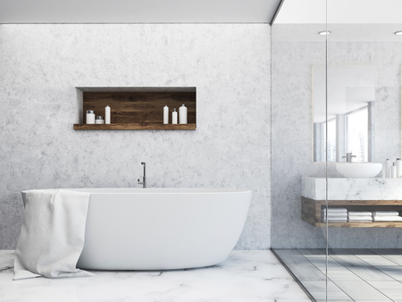 Luxury white bathroom interior with a marble floor and a white tub with a large mirror next to it. A shelf with shampoo. 3d rendering mock upの写真素材