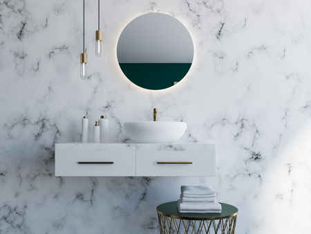 Elegant white sink standing on a white shelf. A round mirror is hanging above it. White marble bathroom interior. 3d rendering mock upの写真素材