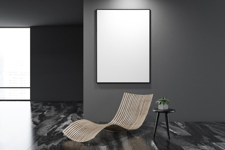 Empty gray wall marble floor living room interior with a bench, loft window and a mock up poster...