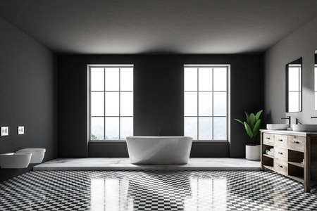 Gray luxury bathroom interior with a checkered floor, a white bathtub and a double sink near the loft window. 3d rendering mock upの写真素材