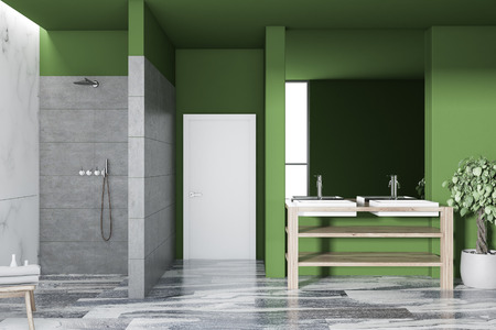 Loft green luxury bathroom interior with a black marble floor, a shower stall, a double vessel sink and a large mirror. 3d rendering mock upの写真素材