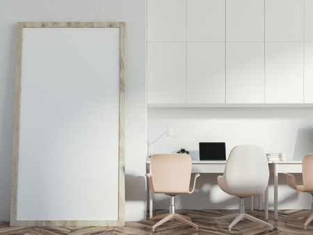 White home office interior with two tables with computer screens on them standing in a hipster room with white walls and closets and a vertical mirror on the floor. Front view 3d rendering mock upの写真素材