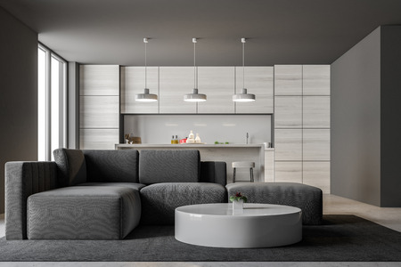 Gray kitchen interior with a bar and loft windows. A living room with a gray sofa and a round coffee...