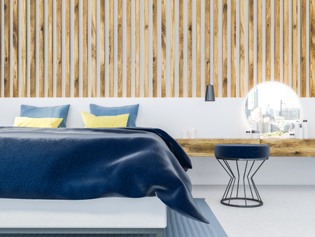 Master bedroom interior with wooden walls, a carpet on the concrete floor and a double bed. A makeup table. A close up 3d rendering mock upの写真素材