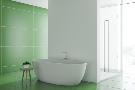 Green tile bathroom interior with a nice white tub, and a glass door shower stall. 3d rendering mock upの写真素材