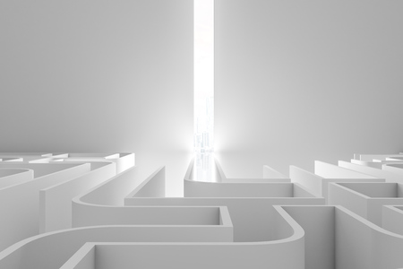 White wall maze with a ray of light in the end. Concept of choice and challenge in business and life. Front view 3d rendering mock upの写真素材