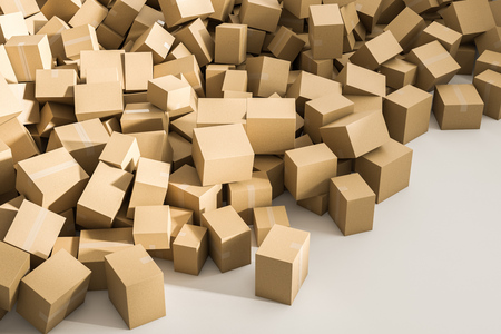 Pile of closed cardboard boxes lying on a white floor. Concept of delivering goods, consumerism and overproduction. 3d rendering mock upの写真素材