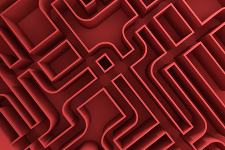 Top view of a red wall maze with no visible exit. Concept of choice and challenge in business and life. 3d rendering mock upの写真素材