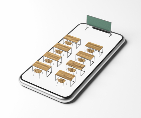 Model of a classroom with rows of wooden desks and chairs in front of a chalkboard placed on a white smartphone screen. A white background. Concept of online education. 3d rendering mock upの写真素材