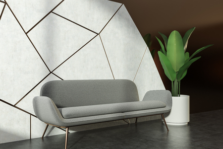 White and brown geometric wall pattern living room interior with a concrete floor, a gray sofa standing next to a coffee table and plant in pot. Side view 3d rendering mock upの写真素材