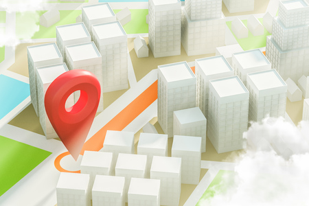 Schematic bright map with buildings and a large red pointer showing the route and destination point....