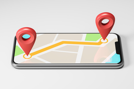 Schematic bright map with two large red pointers showing the route and destination point on a...