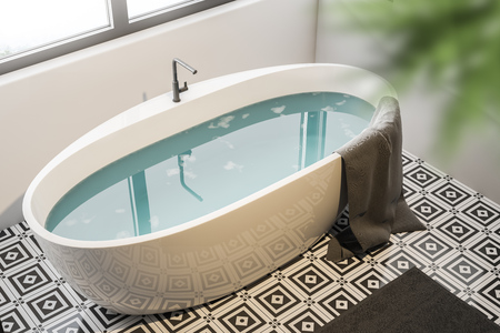 Bathroom interior with white walls, a tiled floor, and a bathtub with water under a window. Top view. 3d renderingの写真素材