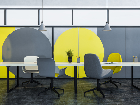 Geometric wall pattern boardroom interior with concrete floor, narrow windows, long table with chairs and potted plants. 3d rendering copy spaceの写真素材