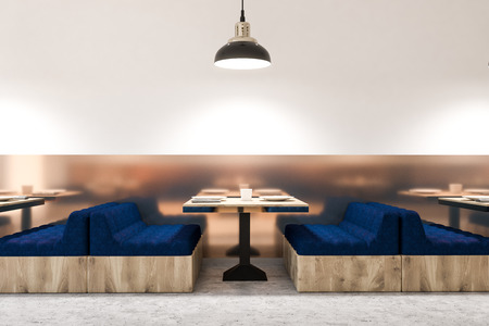 Comfortable cafe interior with white walls, marble floor, square tables and soft blue couches. Side view. Small business concept. 3d rendering copy spaceの写真素材
