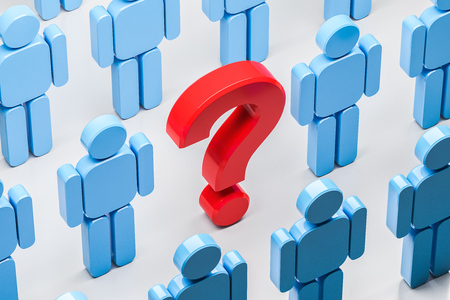 Rows of blue human figures and a red question mark among them over grey background. Top view. Concept of choice, individuality and human relations. 3d rendering mock upの写真素材