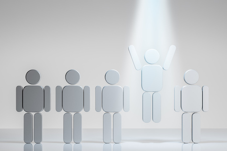 Row of gray human figures. One jumping and waving hands in a I just won gesture in a ray of light....