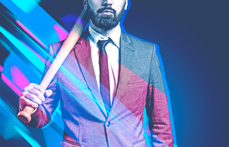 Unrecognizable businessman with baseball bat standing over a dark blue background. 3d glasses effect. Mobster concept. Toned image mock upの写真素材