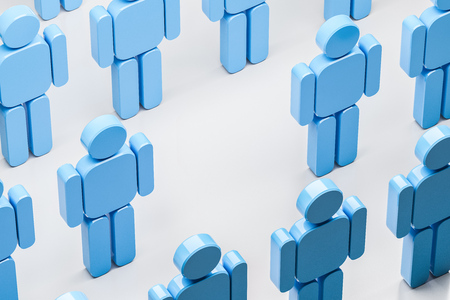 Rows of blue human figures and an empty spot among them over grey background. Top view. Concept of choice, individuality and human relations. 3d rendering mock upの写真素材