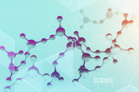 White abstract molecule model over blue background with carbon atom grid pattern and word science. Concept of chemistry, medicine and microscopic research. 3d rendering copy space toned imageの写真素材