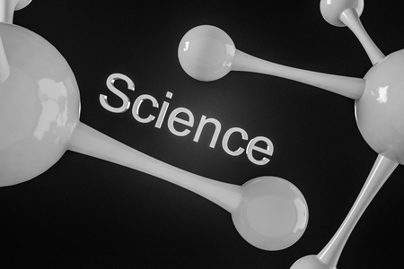 Glossy white glass like material word science and molecule model over black backdrop. Concept of science, medicine, technology and business. 3d rendering mock upの写真素材