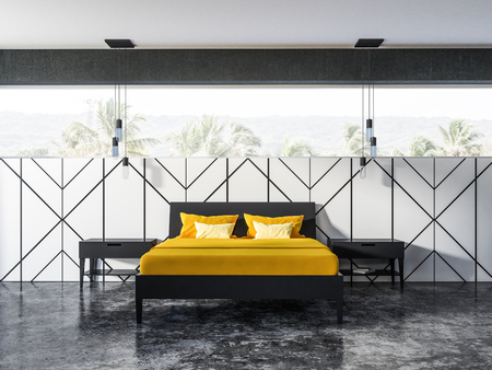 White geometric wall pattern bedroom interior with a concrete floor, a panoramic window and yellow blanket masterbed. 3d rendering copy spaceの写真素材