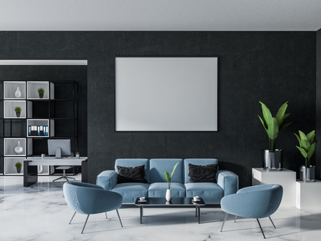 Luxury home office or manager office with black walls, white marble floor, a computer table, a...