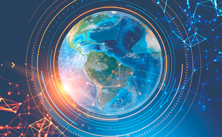 Earth in hud interface with blue and red polygons over blue background. Concept of hi tech. 3d...