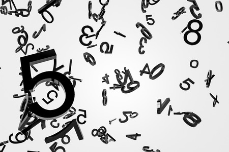 Big black numbers falling over white background. Concept of math, arithmetics and economy. 3d...