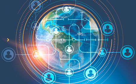 Earth in hud interface with people network hologram over blue background. Concept of hi tech. 3d rendering toned image double exposure Elements of this image furnished by NASAの写真素材