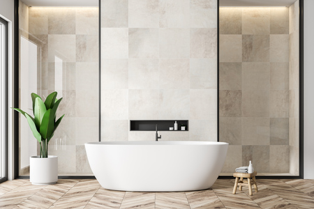 Modern bathroom interior with white tile walls, wooden floor and white bathtub. 3d rendering copy...