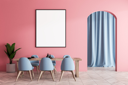 Minimalistic dining room interior with pink walls, white wooden floor, table with chairs and vertical mock up poster. Arched doorway. 3d renderingの写真素材