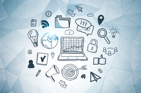 Internet icons drawn on white wall with geometric pattern. Concept of hi tech and internet use in business and daily life.の写真素材