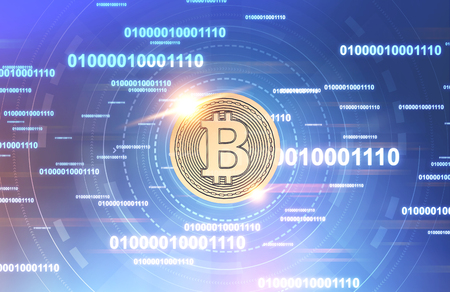 Glowing bold bitcoin with lines of code over blue background. Concept of blockchain and mining. 3d rendering toned imageの写真素材