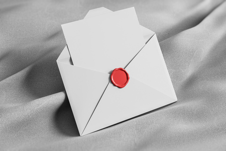 Open white envelope with blank sheet of paper and gray stamp lying on red tissue. Communication concept. 3d rendering mock upの写真素材