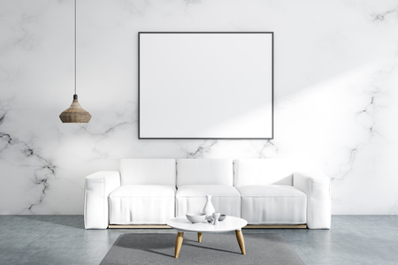 Minimalistic white marble living room interior with concrete floor, white sofa and a round coffee table. 3d rendering Horizontal mock up poster frameの写真素材