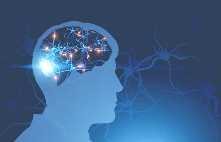 Silhouette of man head with glowing synapses in brain over blue background with synapses on it. Concept of medicine and science. 3d rendering toned image double exposure mock upの写真素材