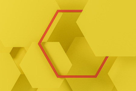 Yellow hexagons background with big red hexagon in the center. Abstract image. Design and creativity...
