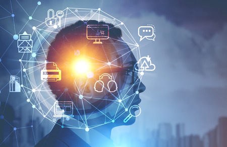 Side view of african american businessman head over cityscape background with computer and internet...