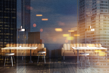 Interior of modern restaurant with dark gray walls, wooden floor, rectangular tables with round chairs and brown sofas. 3d rendering toned image double exposureの写真素材