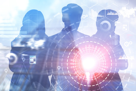 Business people silhouettes over white background with glowing hud interface and infographics. Concept of hi tech. Toned image double exposureの写真素材