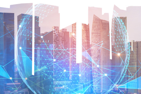 Morning cityscape with double exposure of planet, graphs and statistics. Concept of information in...