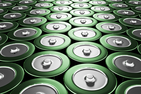 Rows of green alkaline batteries background. Concept of energy consumption and recycling. 3d renderingの写真素材