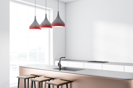 Corner of loft kitchen with white walls, white countertops with built in cooker and wooden bar with stools. 3d renderingの写真素材